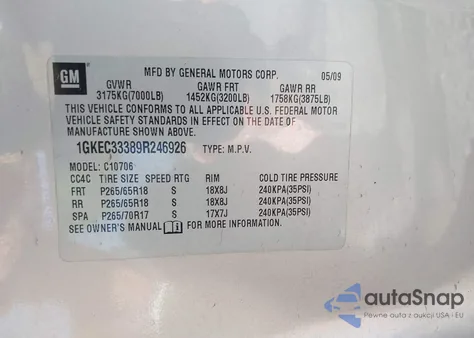 2009 GMC Yukon Slt1 z USA, uszkodzony, nr VIN 1GKEC33389R246926
